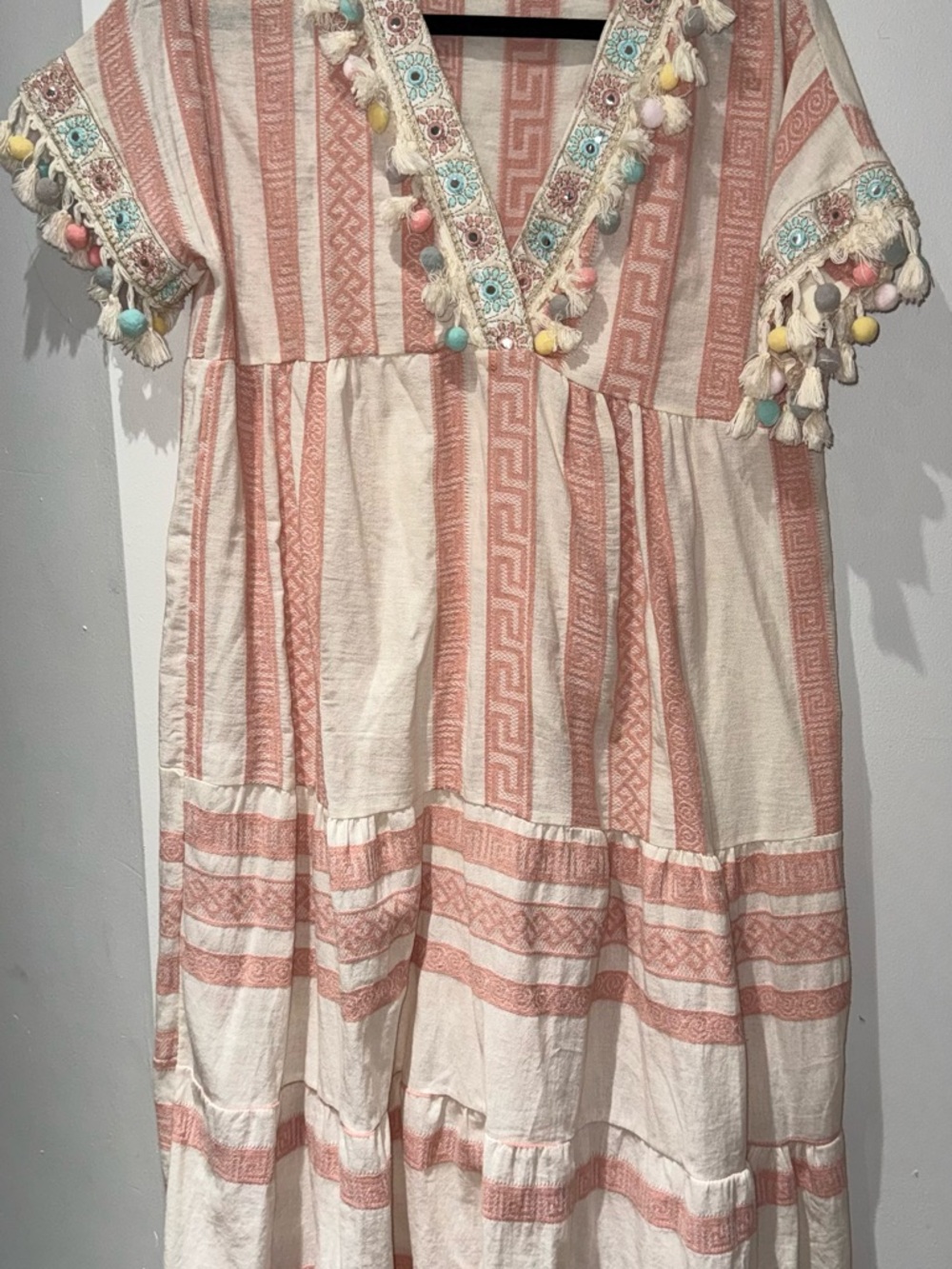 Peach-Striped Boho Tassel Dress